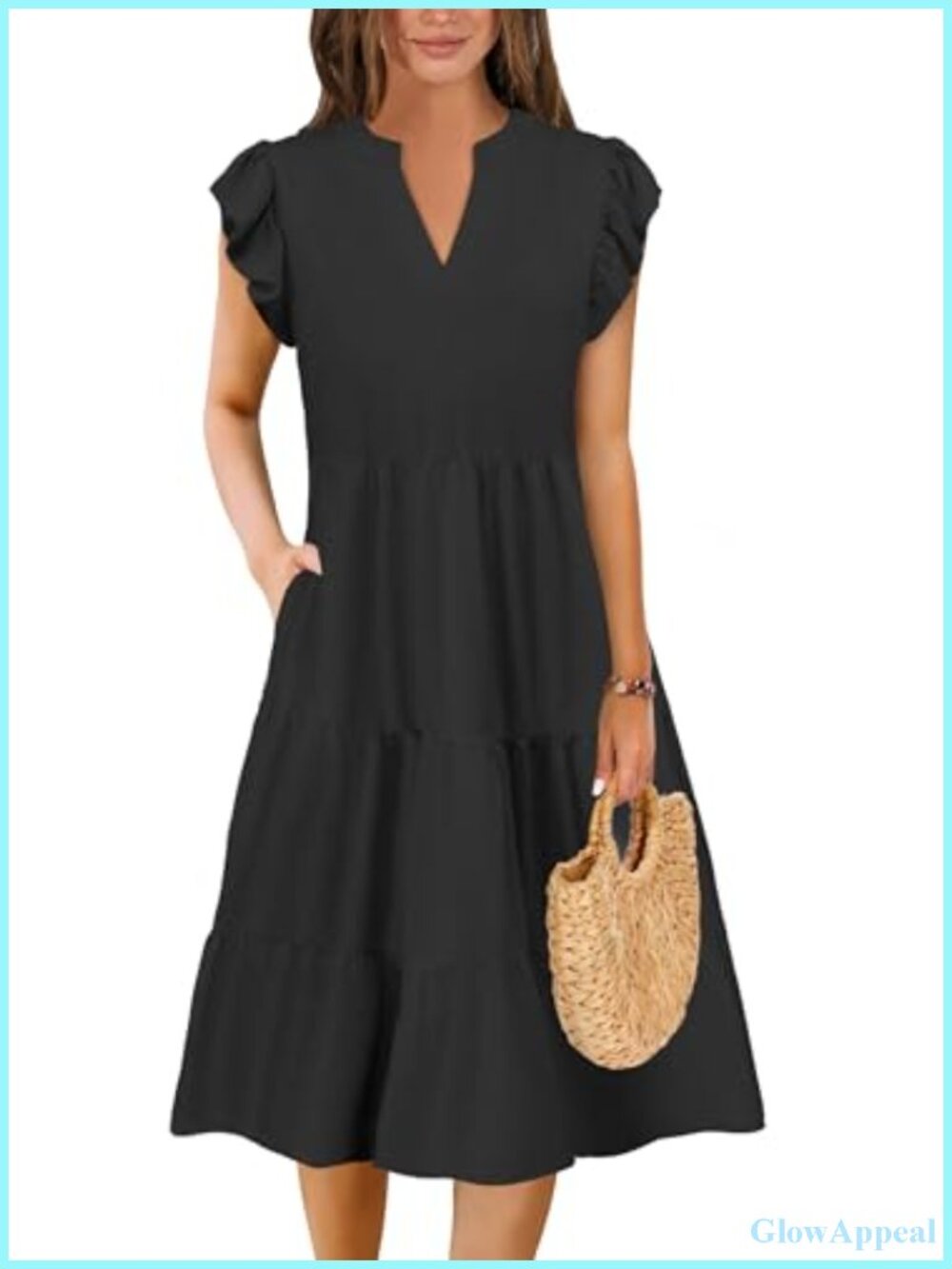 Elegant A-Line Midi Dress with Flutter Sleeves and Pockets